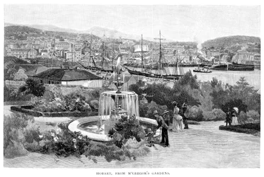 Hobart från McGregors Gardens, Tasmanien, Australien, 1886.