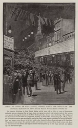Scene at Night i King Street, Sydney, medan resultatet av det allmänna valet i New South Wales lades upp