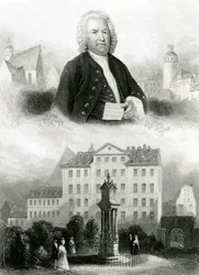 Porträtt av Johann Sebastian Bach (1685-1750) och monument