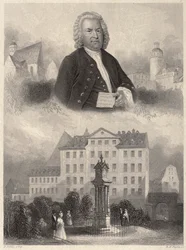 Porträtt av Johann Sebastian Bach, Bachmonumentet och Thomaskyrkan och skolan i Leipzig, ca 1860