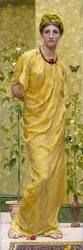Rapsodi i gult med fjäril. Ung kvinna draperad i gult. Målning av Albert Joseph Moore (1841-1893), prerafaelit. Privat samling