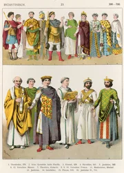 Klädedräkt vid det bysantinska hovet, 300-700, ur "Trachten der Völker", 1864