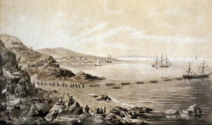 installation av den första transatlantiska telegrafiska kabeln mellan Irland och Kanada (1857) gravyr av Albert Kruger c.1870