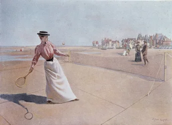 Amatörtennismatch på stranden - teckning, 1900-talet