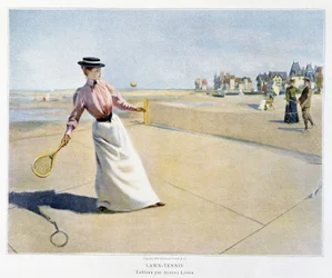 Del av en tennismatch på en strand (Normandie?), illustrerad av Albert Lynch