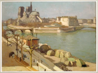 Seine och Notre-Dames absid - Paris, Notre-Dame-katedralen, Ile de la Cite, floden Seine