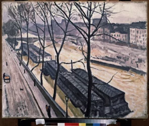 ""Paris en hiver, quai Bourbon"" (Paris på vintern. Quai Bourbon) Pråmar på Seines strand. Målning av Pierre Albert Marquet (1875-1947) 1907 Olja på duk. Fauvism. Moskva. Pushkin Museum of Fine Arts
