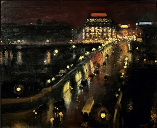 Pont Neuf i Paris om natten Samaritaine upplyst i bakgrunden