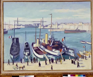 Hamnen i Marseille med färjebron (målning) 1900-talet