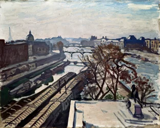 Utsikt över Seine och statyn av Henry IV, c1906.