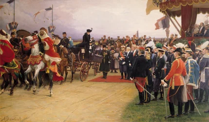 President Emile Loubet (1838-1929) välkomnade tsar Nicolas II (1868-1917) och tsarina Alexandra (1872-1918) till lägret i Betheny, 21 september 1901, r.1905