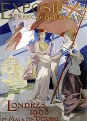 Två kvinnor, en symbol för Frankrike och England, skakar hand. Affisch av Albert Maignan (1908) för 1908 års fransk-brittiska utställning i London.