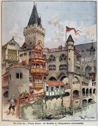 Ett hörn av Robidas "Gamla Paris" på världsutställningen. Omslag "" Den lille fransmannen illustrerad"" av 1900-05-26.