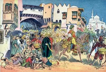 Aladdin rider genom stadens gator och kastar pengar runt honom Illustration av Albert Robida (1848-1926) till berättelsen "Aladin och den underbara lampan" i "" les mille et une nuits" (Illustration till sagan "" Aladdin" ” i ”The Book of One Tho
