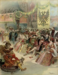 Bal vid hovet till kungen av Frankrike, Francois 1st (1494-1547), med närvaro av Karl V (1500-1558), kung av Spanien och kejsare av det heliga romerska riket Germanic, i slottet Fontainebleau, 1539. Illustration