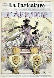 Tecknad film om kolonialism i Afrika "" Bra uppackning av afrikanska koloniala nyheter, gör ditt val! En hel kontinent att dela på, fantastiska tillfällen, bitar av Kongo, bitar av Guinea” av Robida - i “” La Caricature”” från 1887-02-05