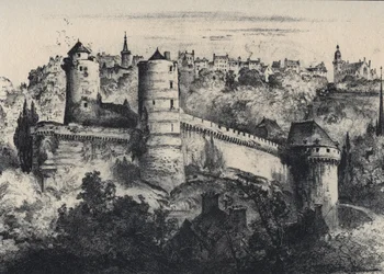 Chateau de Fougeres - slottsfort i departementet Ille-et-Vilaine. Gamla Frankrike - Bretagne - text, teckningar och litografier, av Albert Robida (1848-1926) odaterat slutet av 1800-talet