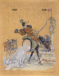 Omslag till "" Berättelser och äventyr om Baron de Munchausen"" (Munchhausen) illustrerad av A. Robida (1848 - 1926).