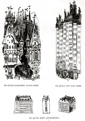 Kritik av det moderna byggandets fulhet i Paris med arkitektur från det förflutna, nutiden och framtiden