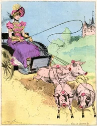 Teckning av Albert Robida (1848-1926) på omslaget till Comique World n°296 (tidigt 1900-tal) - Nytt mycket elegant drag för små utflykter på landsbygden - Ung kvinna som kör en grisvagn (grisar) -