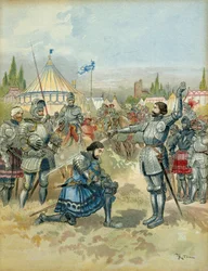 Femte italienska kriget (1515-1516): Pierre Terrail de Bayard (1476-1524) pansar Francois 1:e (1494-1547) riddare efter slaget vid Marignan (Maregnano) (Italien), på kvällen den 14 september 1515. Illustration