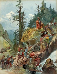 Femte italienska kriget (1515-1516): Alpernas passage i augusti 1515, av Larche-passet, för Francois I:s armé (1494-1547), på väg till Italien. Illustration