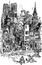 Jätten Gargantua går genom Paris och sår panik och förstörelse i hans väg. Han lär sig att spotta på katedralen Notre Dame de Paris, vars torn i bakgrunden är utmärkta. Med detta spott kommer mer än 3000 parisare att drunkna! Illustration