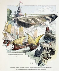 Gulliver och hans gigantiska båt i Lilliputians hamn - i "" Voyages de Gulliver"" av Jonathan Swift (1721), ill. av Robida