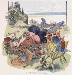 Gulliver bundet av Lilliputians - i "" Gulliver Voyages"" av Swift, ill. av Robida