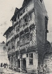 House rue Saint Guillaume i Rennes - Gamla Frankrike - Bretagne - text, teckningar och litografier, av Albert Robida (1848-1926) odaterat slutet av 1800-talet