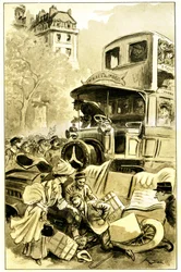 Illustration av Albert Robida (1848-1926) till Leon Berthaults bok "Le record du tour du monde", upplaga Mame debut 1900-talet (1911) - en trafikolycka i Paris omkring 1900: bil påkörd av en omnibus. Föraren är skadad -