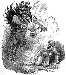 Illustration av Albert Robida (1848-1926) av en arabisk legend (1001 nätter) (Tales of the Thousand and One Night): en hemsk demon (ond ande) presenterar en man med en flaska vin. gravyr av boken "Choix de lectures"" Armand Colin 1926.
