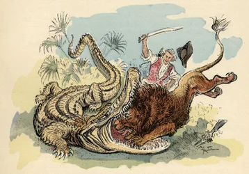 Illustration av Albert Robida i "" History and Adventures of the Baron de Munchausen"" (Munchhausen), H. Laurens Ed., sent 1800-tal.""
