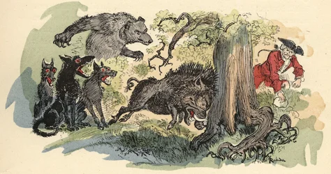 Illustration av Albert Robida i "" History and Adventures of the Baron de Munchausen"" (Munchhausen), H. Laurens Ed., sent 1800-tal.""
