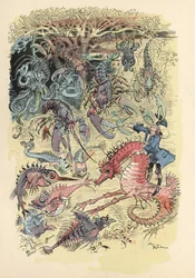 Illustration av Albert Robida i Baron de Munchausens historia och äventyr” (Munchhausen), H. Laurens Ed., sent 1800-tal.”