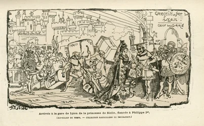 Illustration av Albert Robida (1848-1926) i Histoire de France tintamarresque, ca. 1880 - Station, Ancien regimen, Sicilien - Philippe I