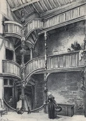 Interiör av ett hus i Morlaix - Gamla Frankrike - Bretagne - text, teckningar och litografier, av Albert Robida (1848-1926) odaterat slutet av 1800-talet