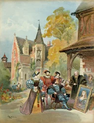 Kung Frans I (1494-1547) köper Mona Lisa av Leonardo da Vinci (1452-1519), nära det kungliga slottet i Amboise, mellan 1516 och 1519. Illustration
