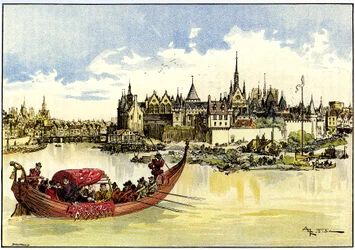 Kung Henri III i en båt som lägger den första stenen i Pont Neuf över Seine i Paris, 31 maj