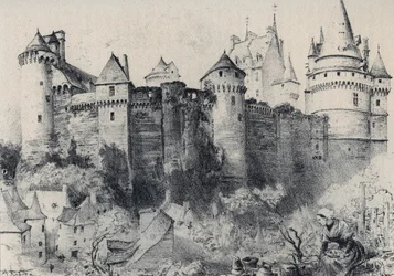 Chateau fort de Vitre i Ille-et-Vilaine - Gamla Frankrike - Bretagne - text, teckningar och litografier, av Albert Robida (1848-1926) odaterat slutet av 1800-talet