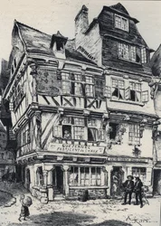 La venelle aux pastes i Morlaix - Gamla Frankrike - Bretagne - text, teckningar och litografier, av Albert Robida (1848-1926) odaterat sent 1800-tal