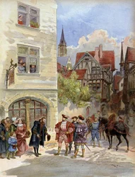 Litteratur. Boktryckaren Robert Estienne tar emot kung Francois 1er i hans tryckeri, Paris. Illustration av A. Robida i: Francois 1er, av A. Todouze, Frankrike