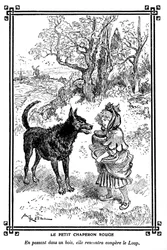Rödluvan, med sin tårta och smörburk, möter vargen. Teckning av Albert Robida (1848-1926) i en läsbok för barn 1920-1930.