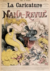 Nana-Revue: tecknad film om Zola och hennes verk "" Nana"" av Robida - i "" La Caricature""" från 1880-01-03