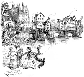 Paris: Seinen, bro med hus, invånare, parisare, scener av parisiskt liv under medeltiden - arkitektur - urban livsmiljö - flod - illustration av Albert Robida (1848-1926)