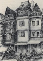 Place du marche i Lannion - Gamla Frankrike - Bretagne - text, teckningar och litografier, av Albert Robida (1848-1926) odaterat slutet av 1800-talet