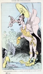 Saturniska typer från en rapporterad skiss av planeten Saturnus (pseudo-antropologiska groteska monster), parodi på Jules Verne, "" Mycket extraordinära resor av Saturnin Farandoul i 5 eller 6 delar av världen och i alla länder som är kända eller okända fö
