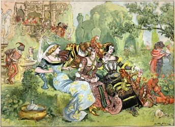 Scen av "Gargantua", illustration av Robida för hela verk av Francois Rabelais publicerad av Librairie Illustree, 1885