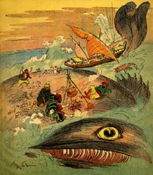 Sindbad sjömannen (Sinbad) - saga om de tusen och en natt (1001) - bok från 1948 som berättar om sina äventyr (Fortin-utgåvan, Wonderful Imaging of childhood collection) - illustration av Albert Robida (1848 - 1926): Sindbad och hans följeslagare har missl