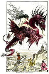 Succubus: kvinnlig demon (kvinna - kvinnlig) som rider på en drake - illustration av Albert Robida till Honoré de Balzacs "Skämtsamma berättelser" - början av 1900-talet